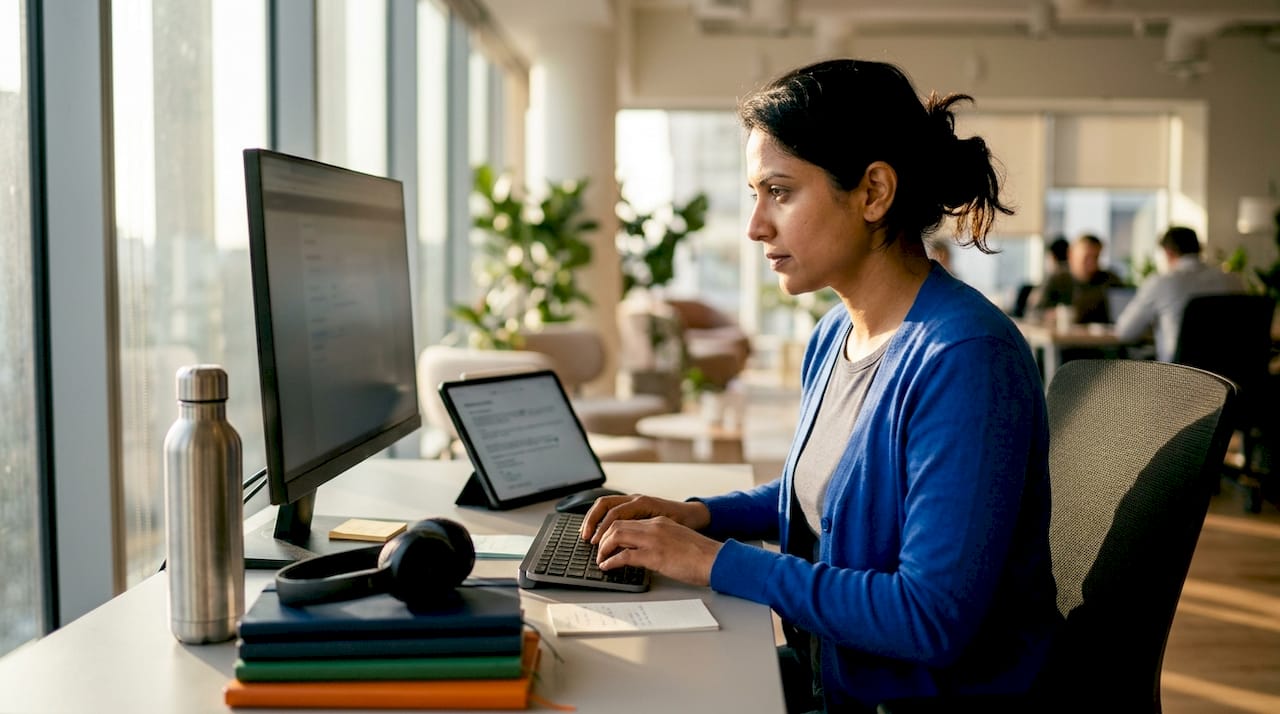 Woman working on AI automation at desk