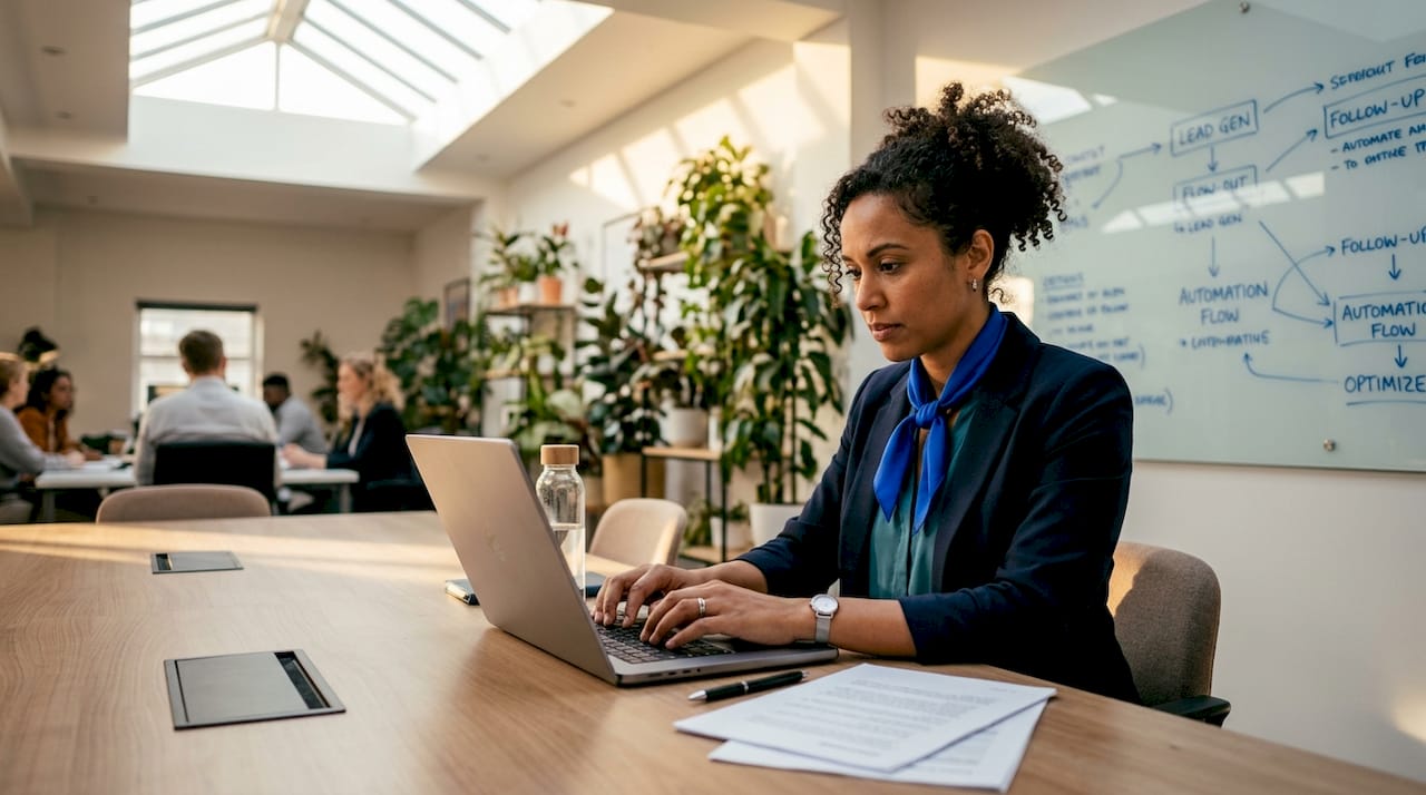 Professional woman typing automated sales follow-up