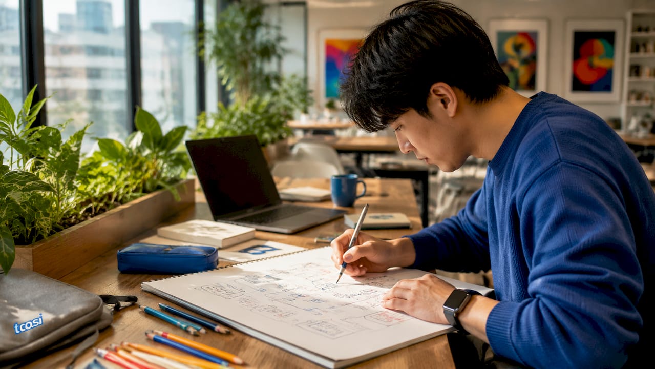 UX designer sketching user journey on paper