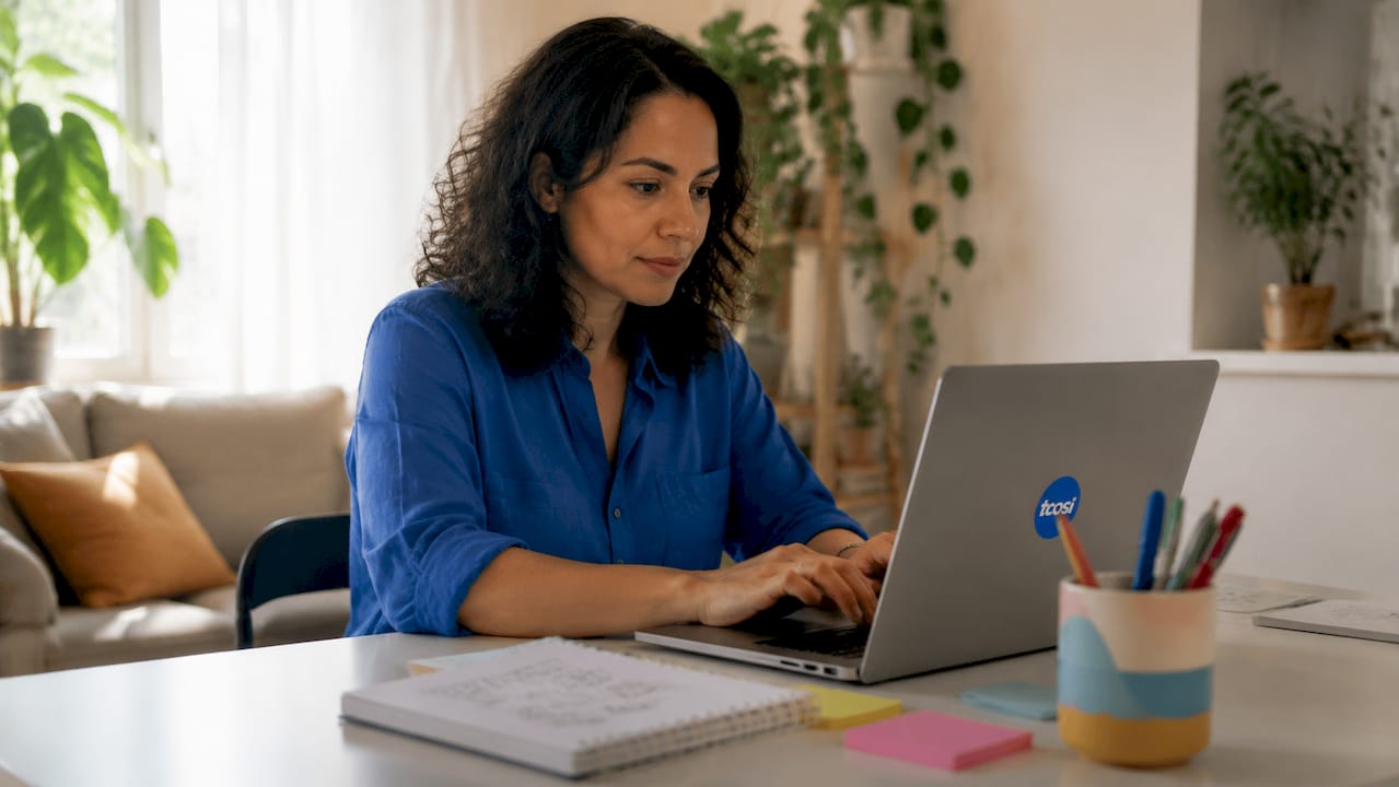 Woman coding responsive website at home desk
