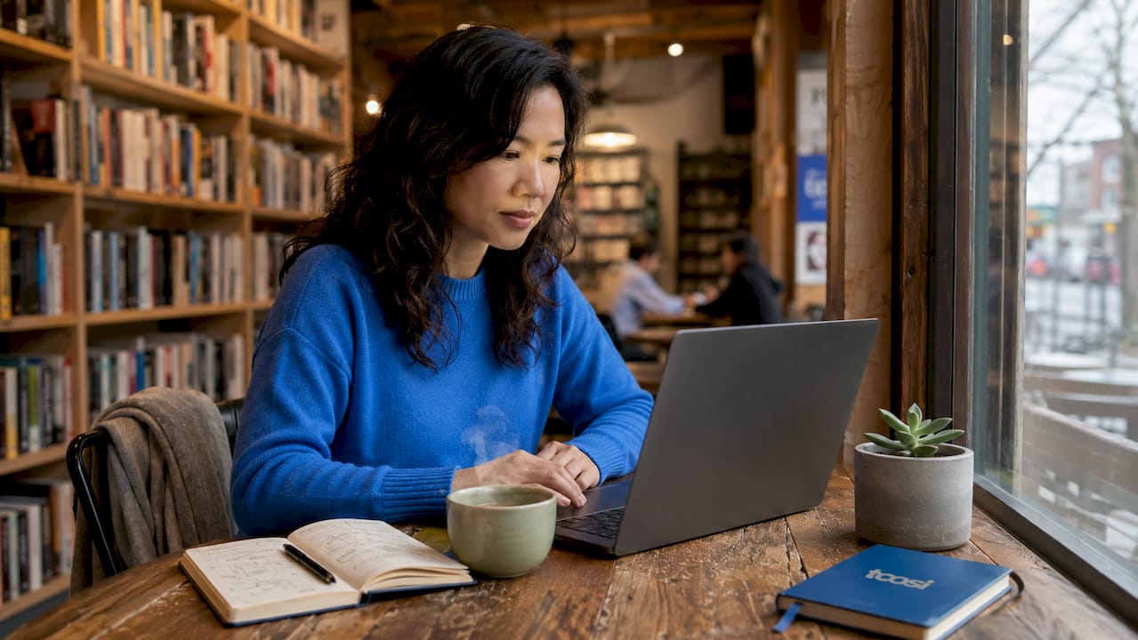 Woman reviewing website header on laptop at café