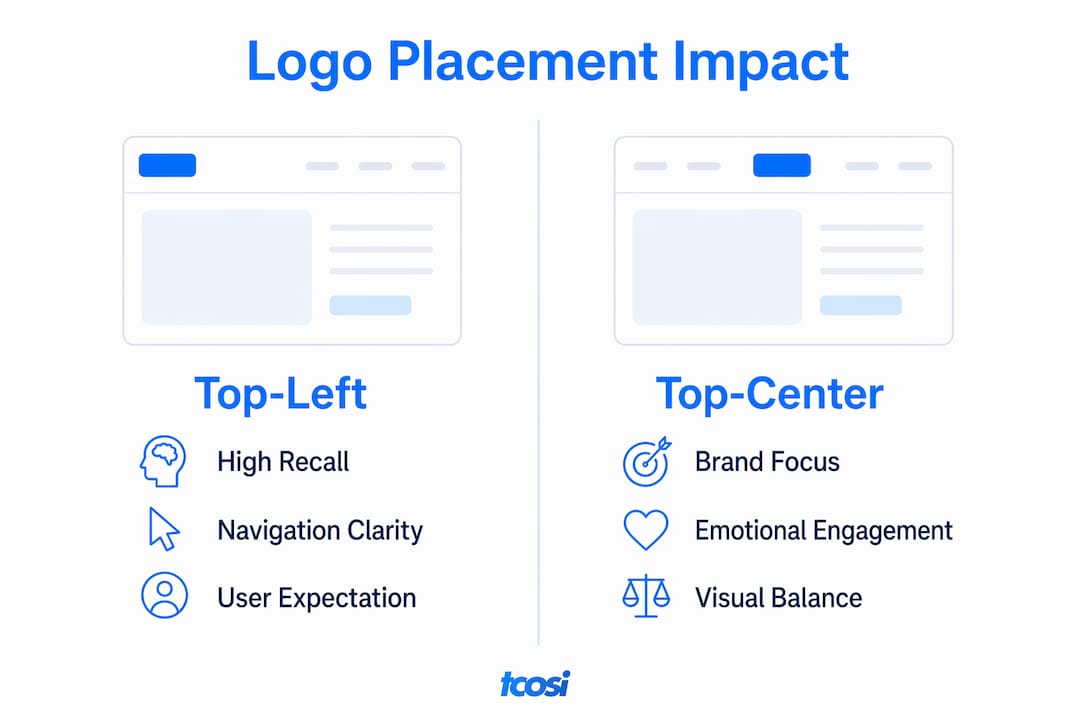 Infographic comparing top-left and top-center logo placement