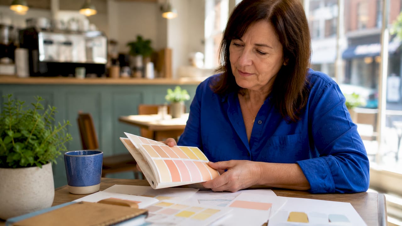 Business owner selecting website brand colors in home office
