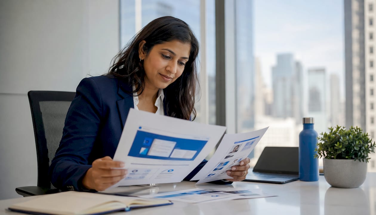 Lawyer reviewing website mockups at desk
