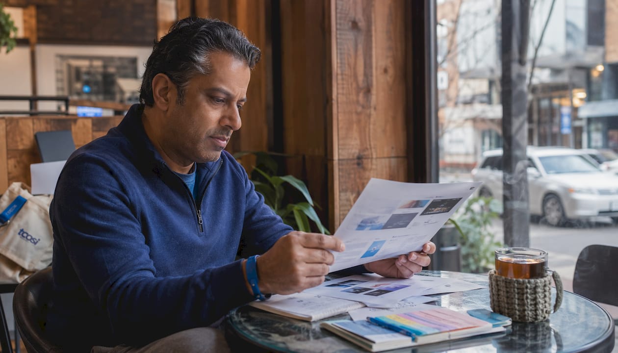 Man reviewing contractor website designs in office
