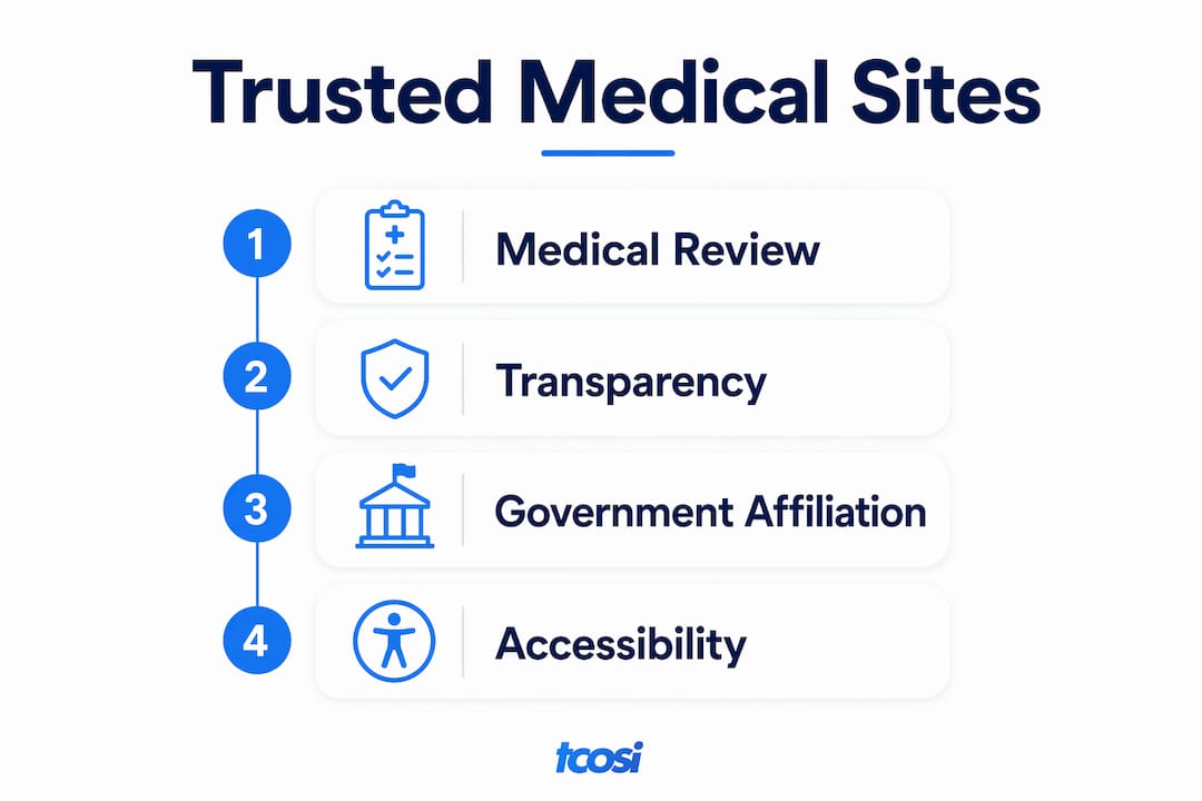 Infographic listing trusted medical website criteria