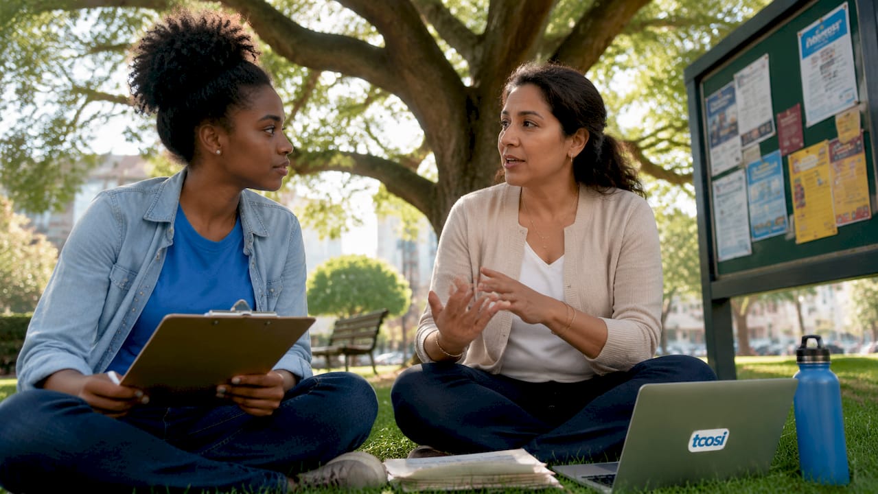 Diverse nonprofit team showcasing branding outdoors