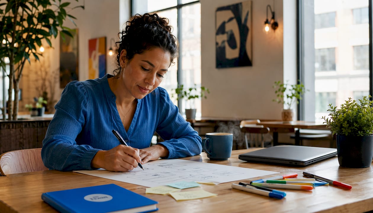 Designer sketching sitemap with laptop nearby