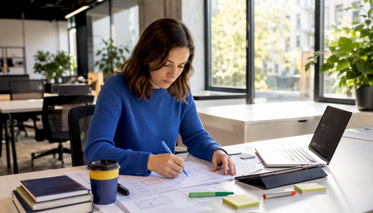 Designer sketching website interface at desk
