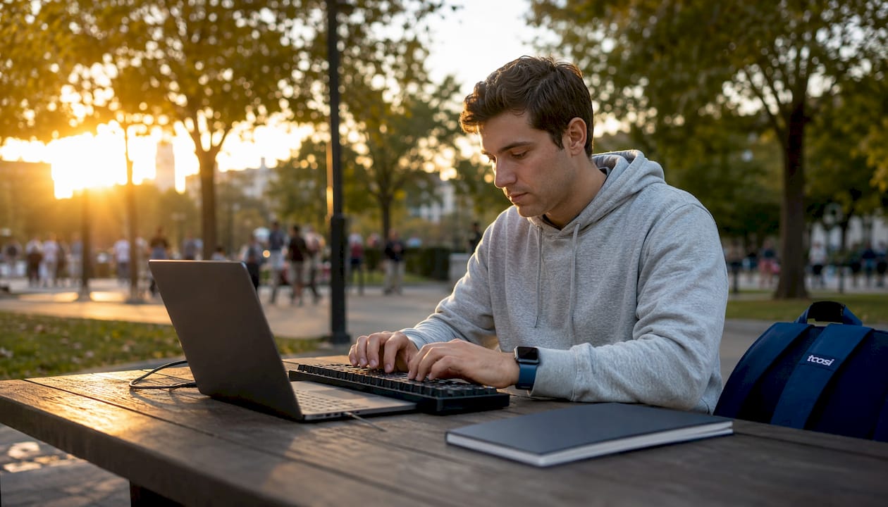 Developer typing with notes on version control