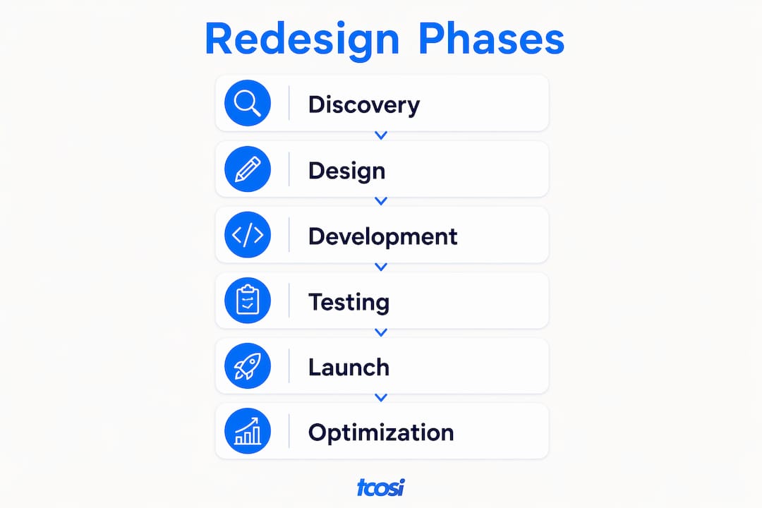 Infographic showing website redesign process phases