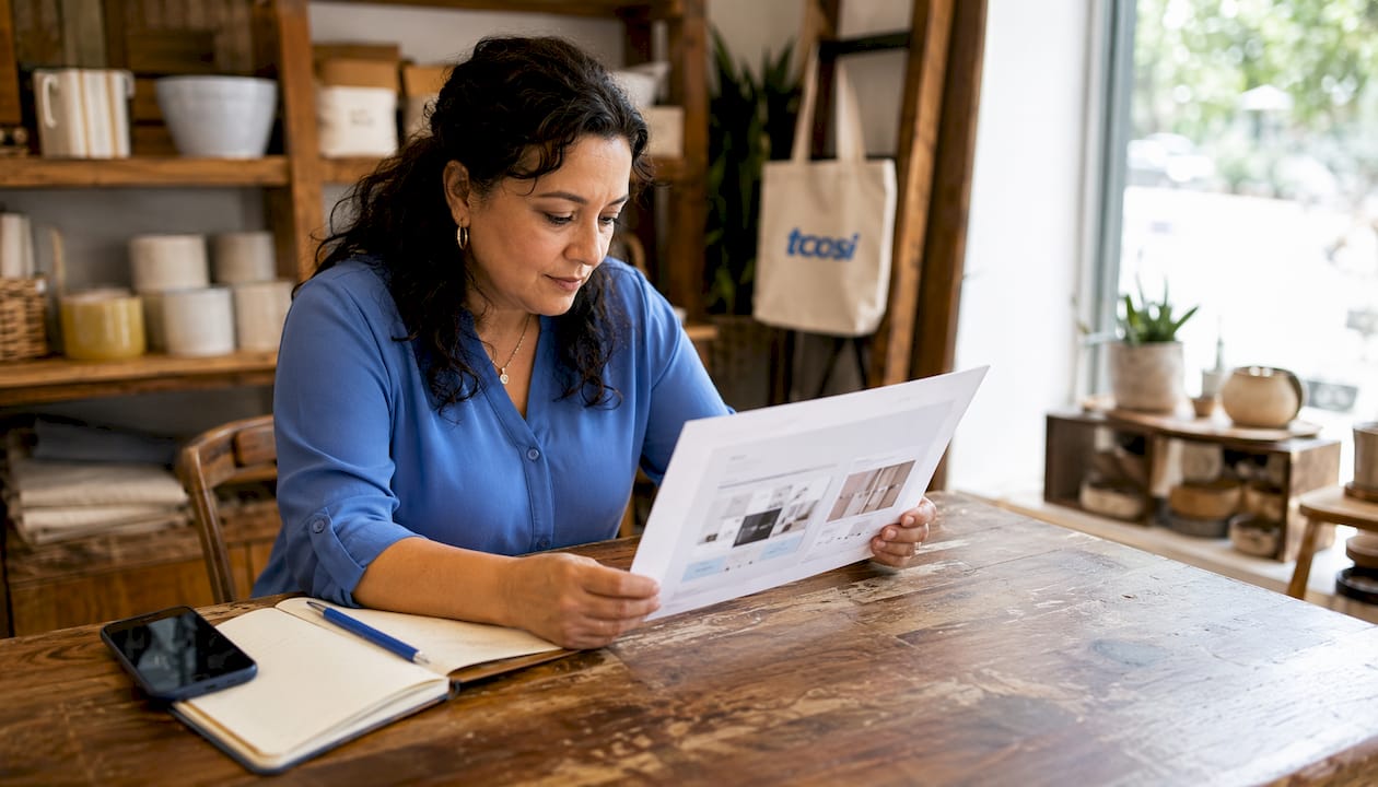 Local business owner reviewing web design draft