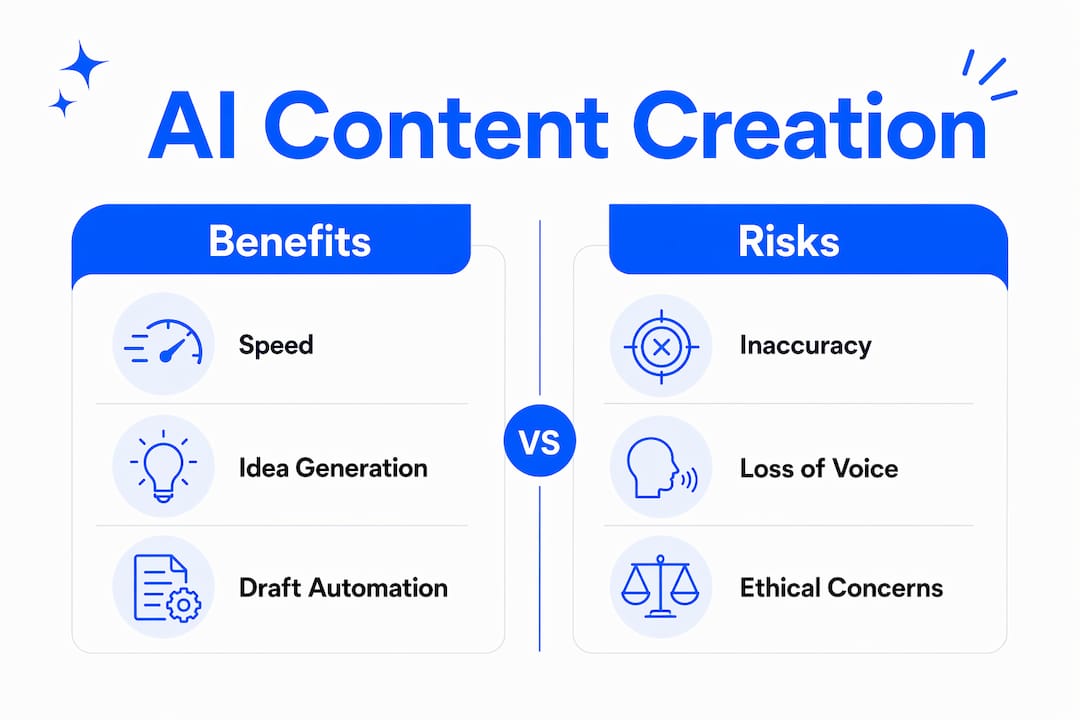 Infographic comparing AI content creation benefits and risks