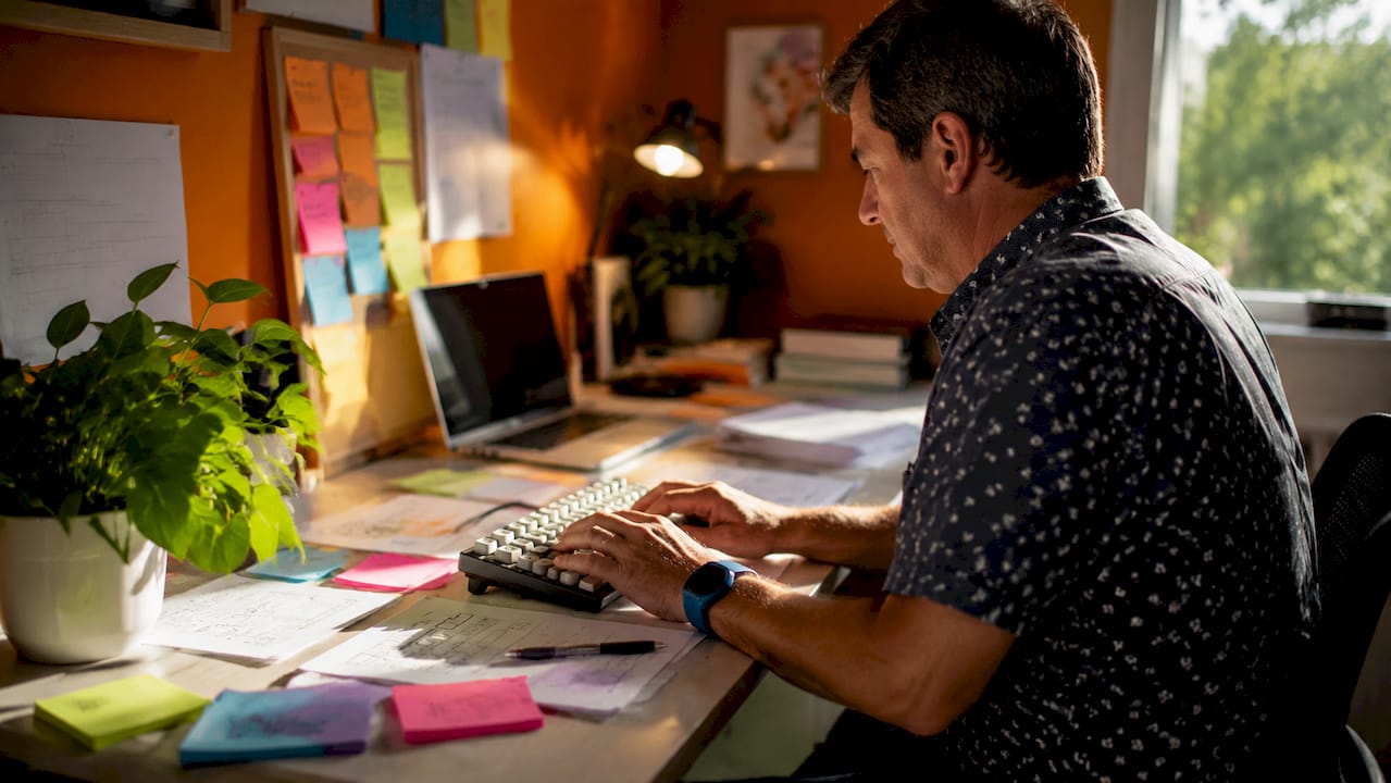 Hands preparing repetitive task documents for AI