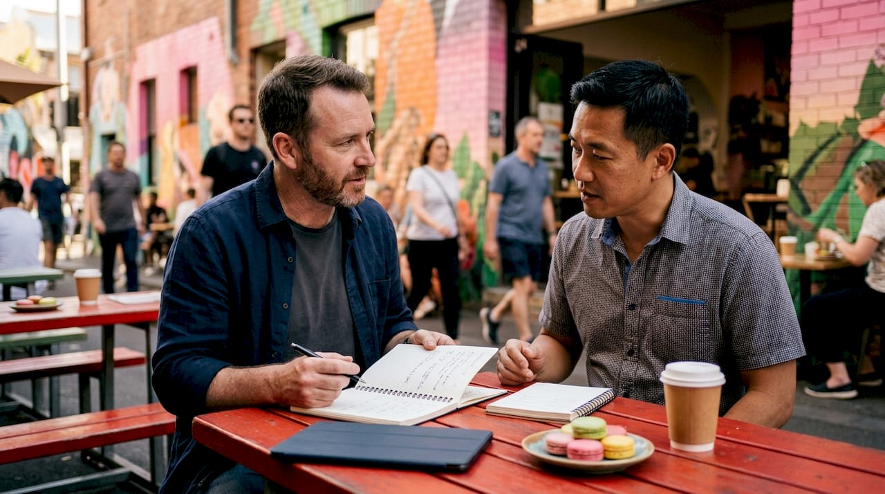 Two men discussing marketing campaign planning in café
