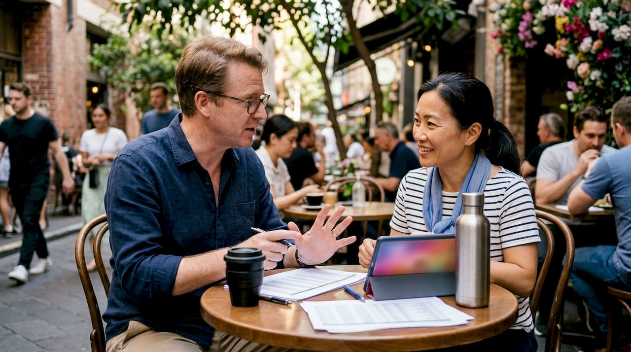 Two professionals auditing marketing budget in coworking space