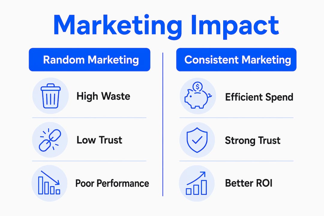 Infographic comparing random and consistent marketing effects