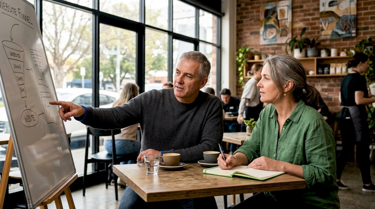Two business owners discuss website sales funnel at cafe