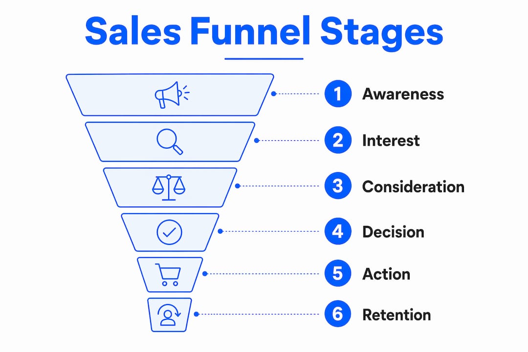 Infographic illustrating website sales funnel stages