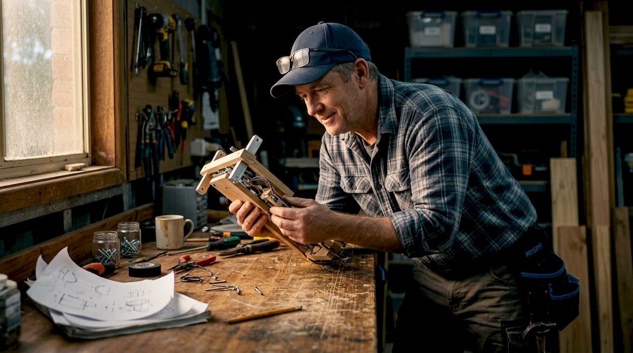Man testing prototype in sunlit workshop