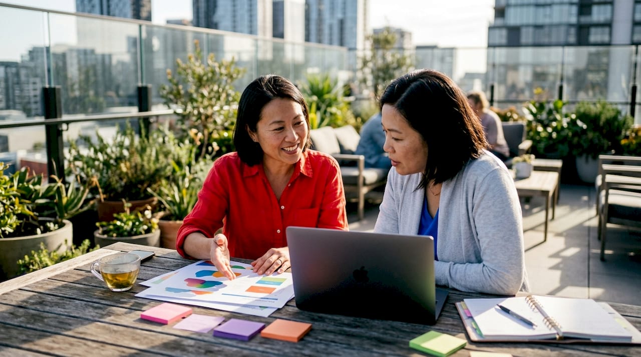 Two women discussing media kit branding materials
