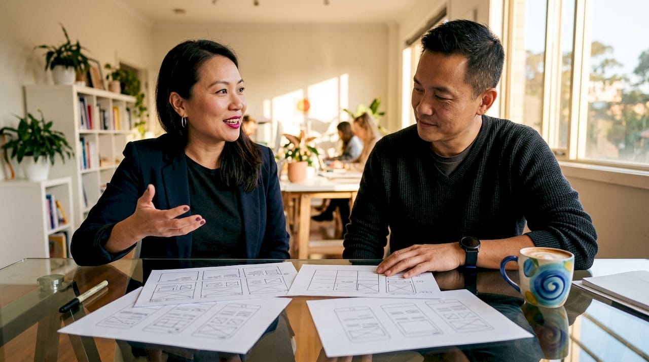 Asian Australian small business owners planning responsive design