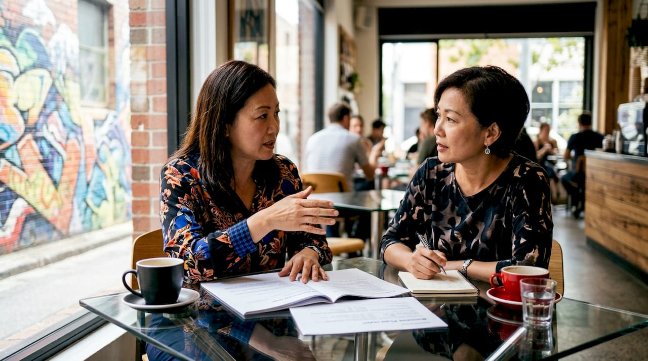 Two women discussing business plan documents at table