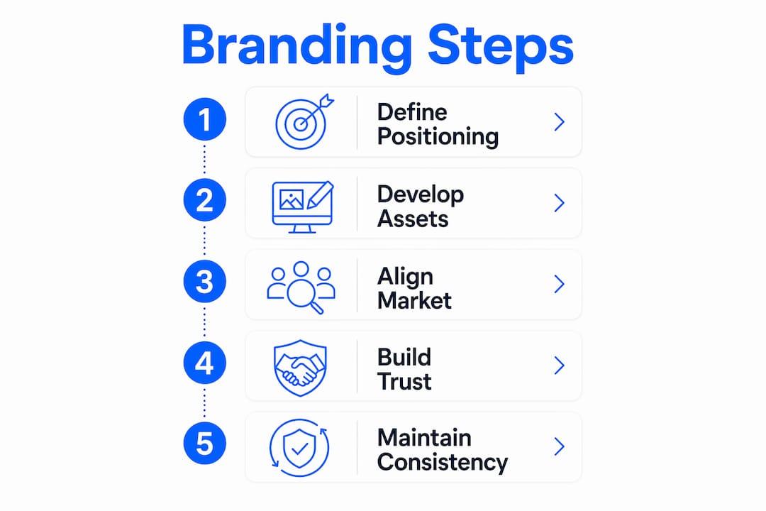 Infographic showing the five key steps of branding for startups