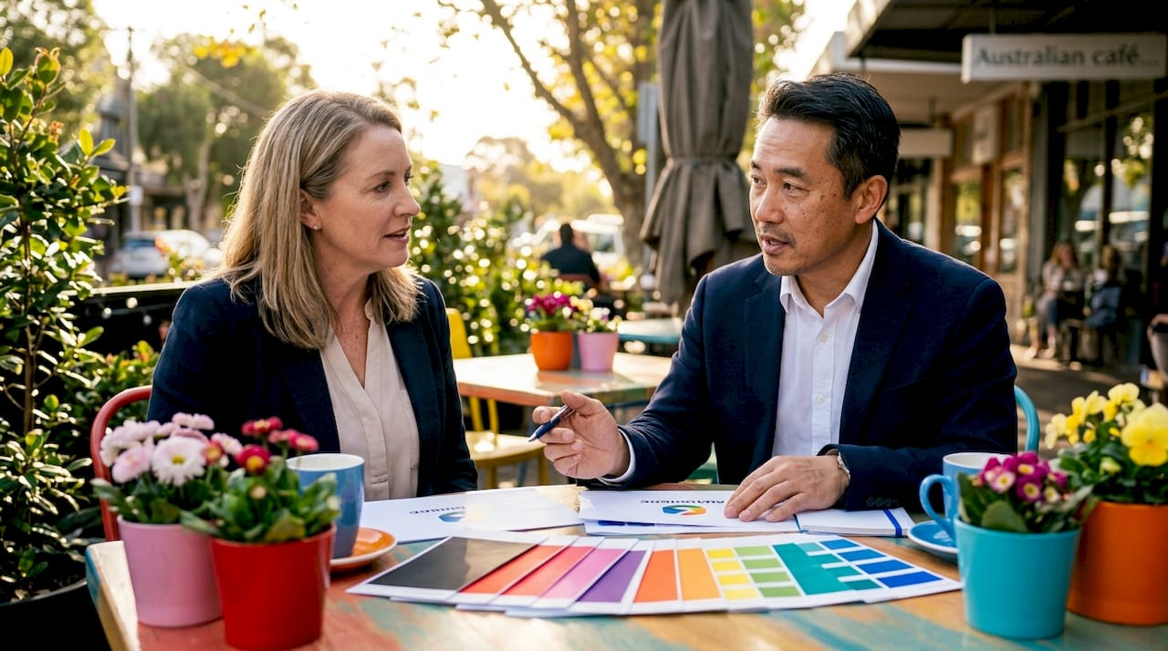 Two Australian business owners discuss branding assets at café