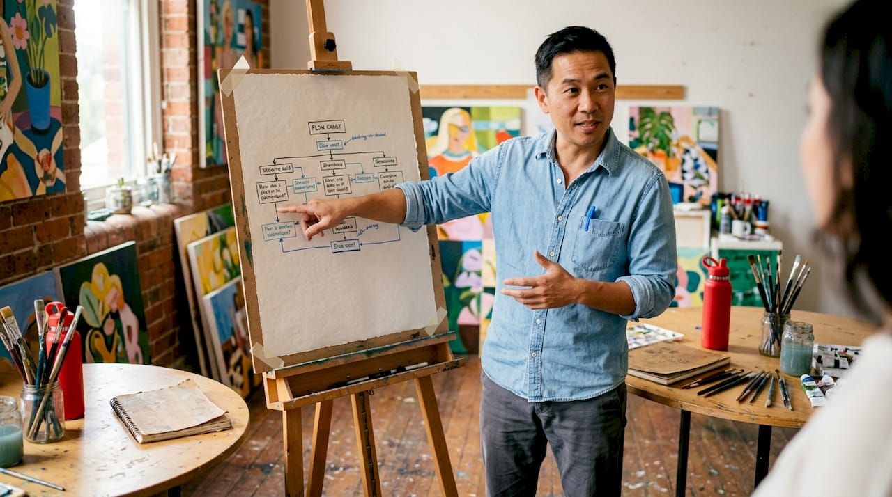 Man explaining technical SEO diagram on whiteboard in co-working space