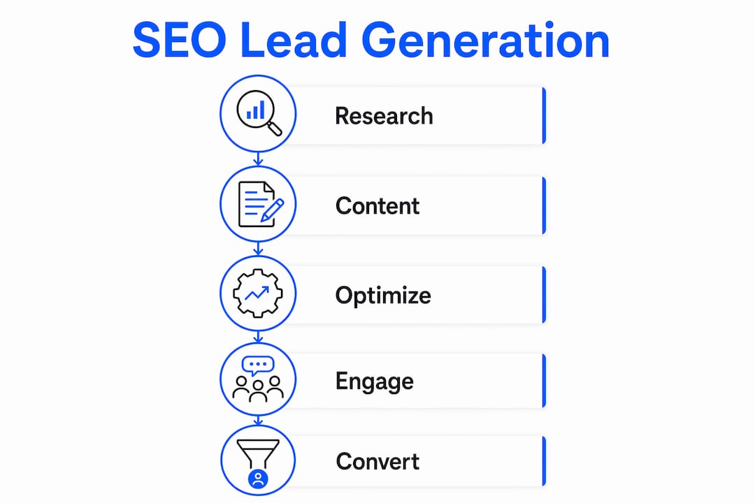 Infographic illustrating SEO lead generation process in five steps