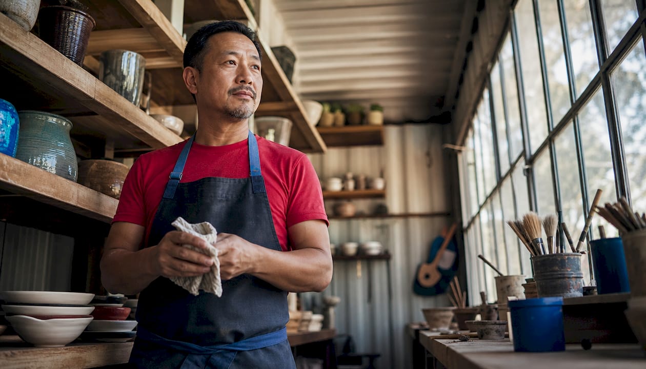 Craft maker arranging pottery in workshop studio