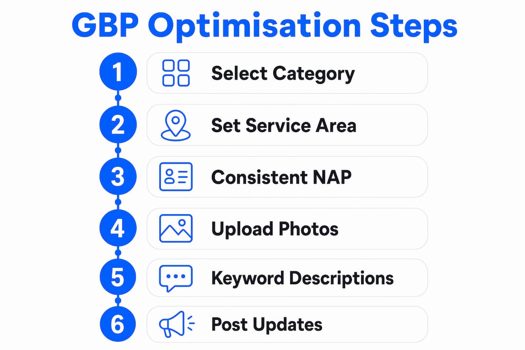 Infographic showing six key Google Business Profile optimisation steps