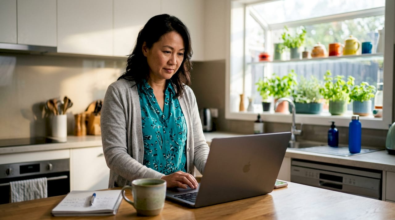 Asian Australian woman updating profile at home office