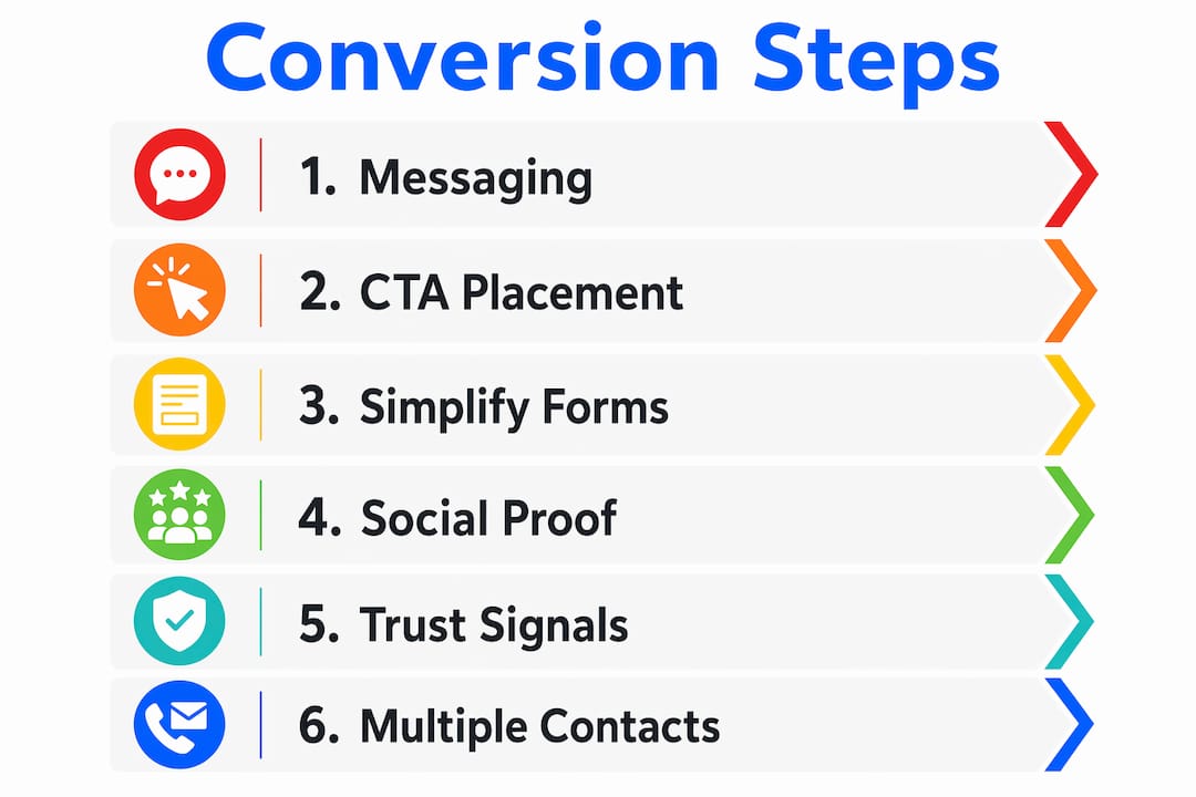 Vertical flow infographic of six steps to improve website conversion