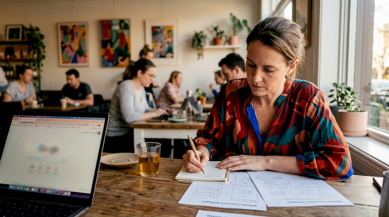 Woman taking notes on website conversion plans in shared workspace