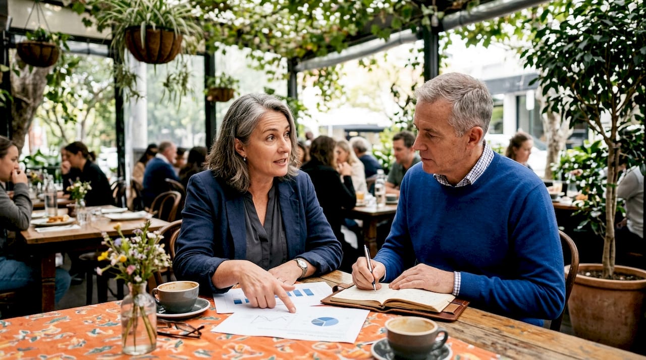 Two Australian small business owners discussing website data