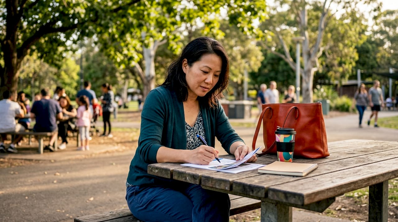 Mid-aged woman reviewing marketing materials at café