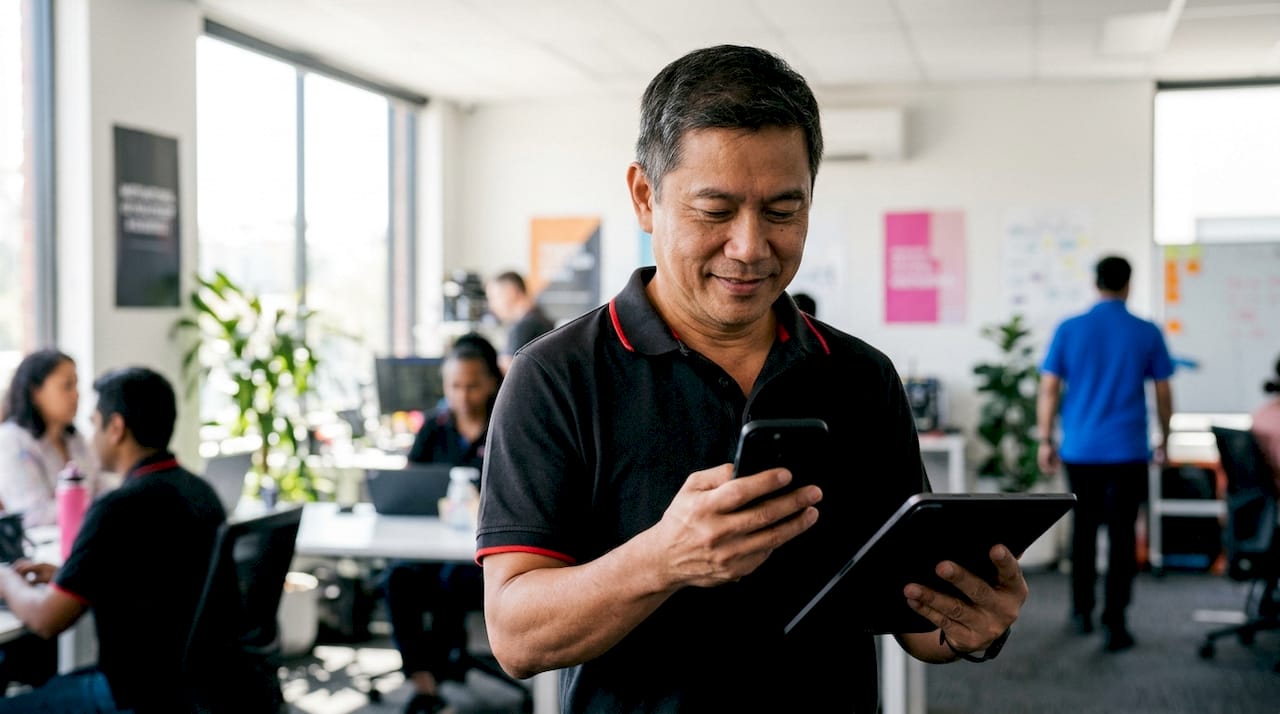 Technician checking website speed on devices