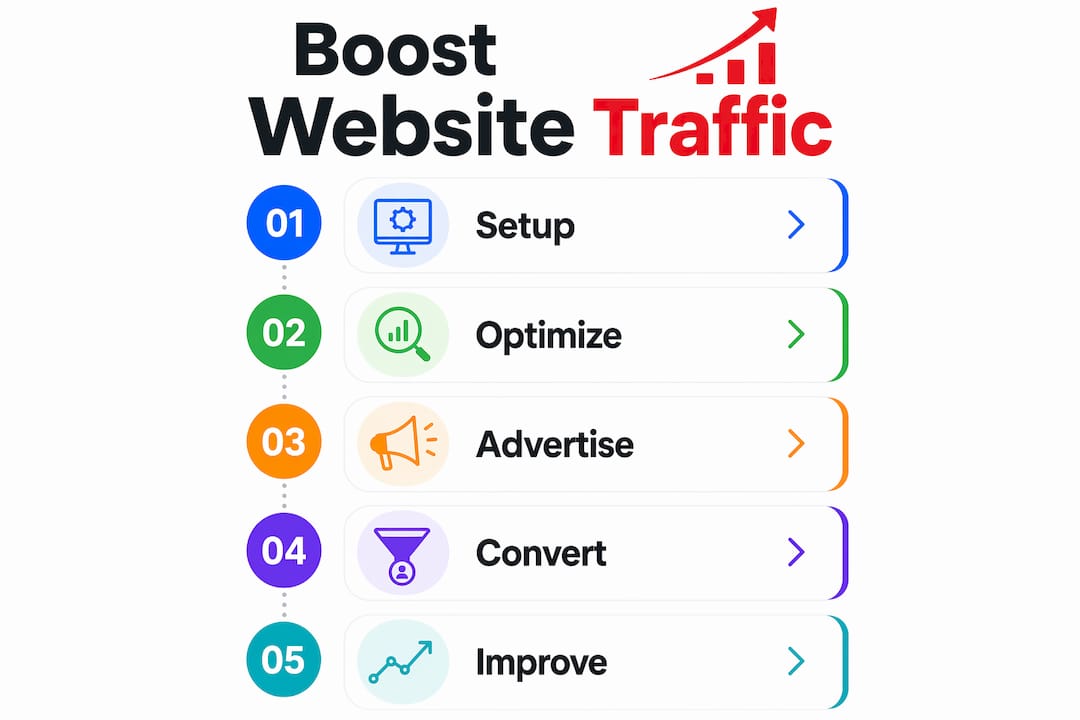 Vertical flow infographic showing website traffic growth steps