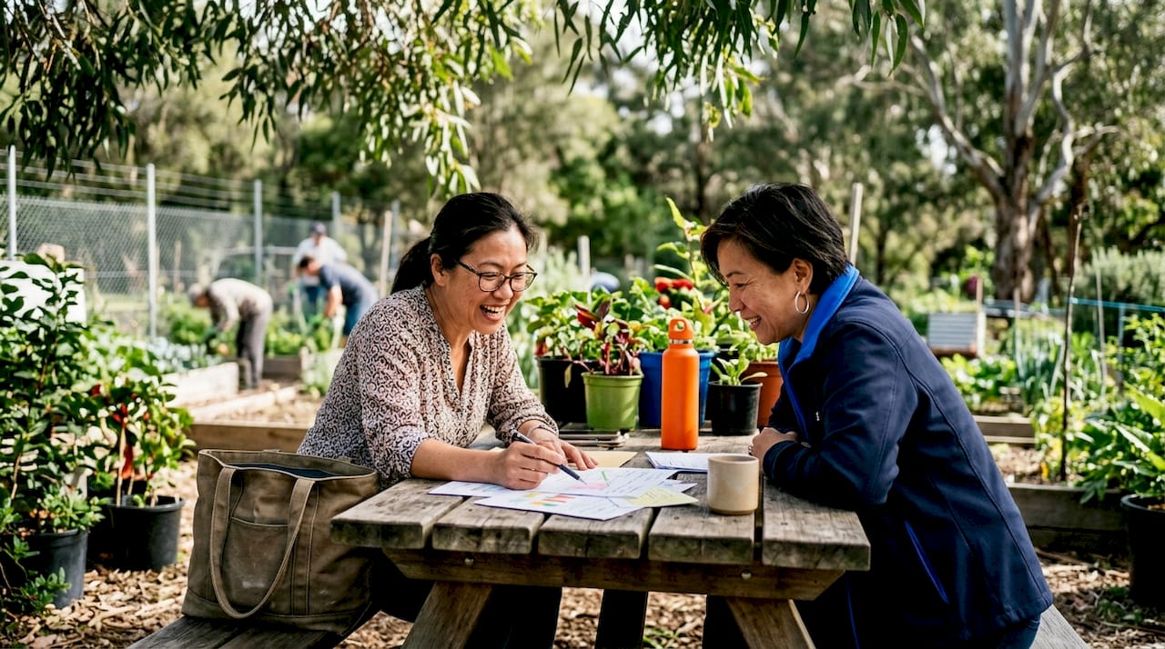 Two Australian women collaborating in community workshop