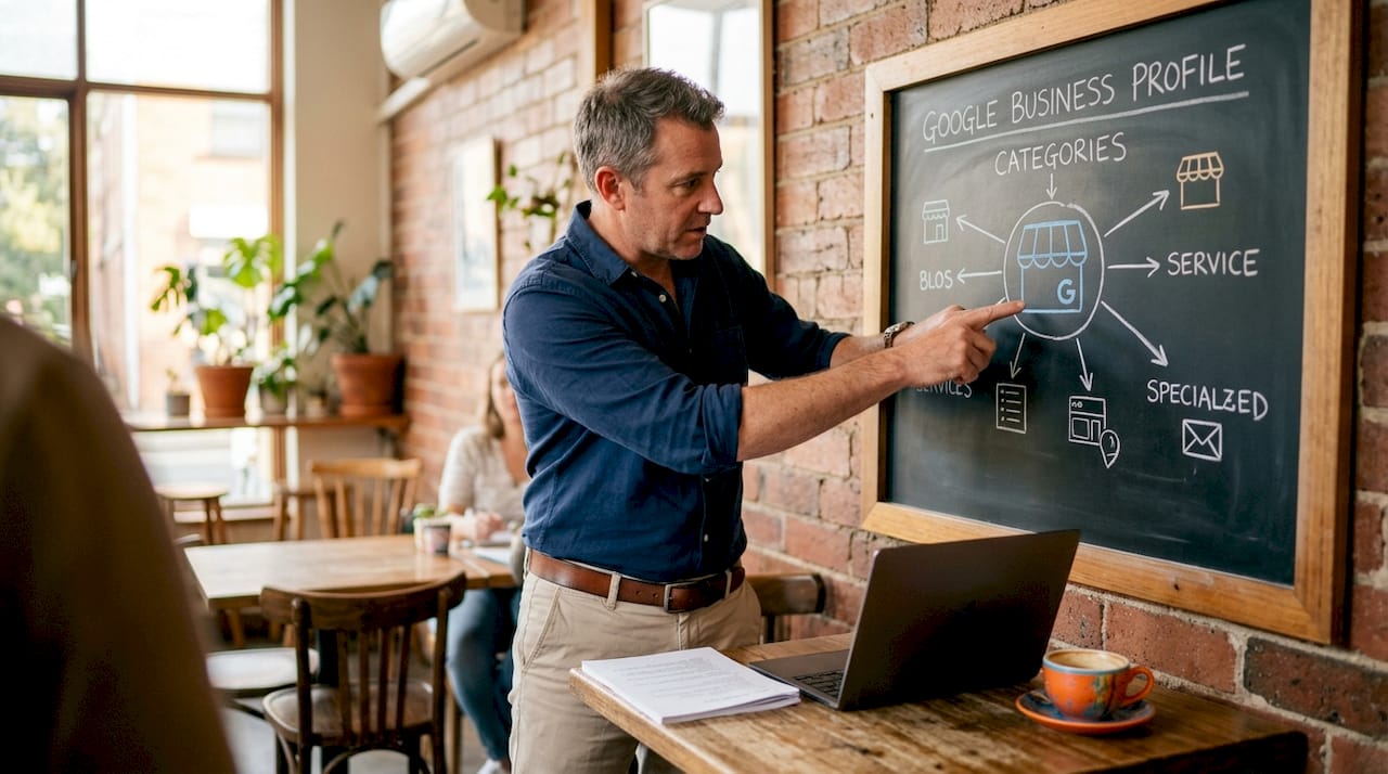 Man explaining SEO strategy on whiteboard in meeting room