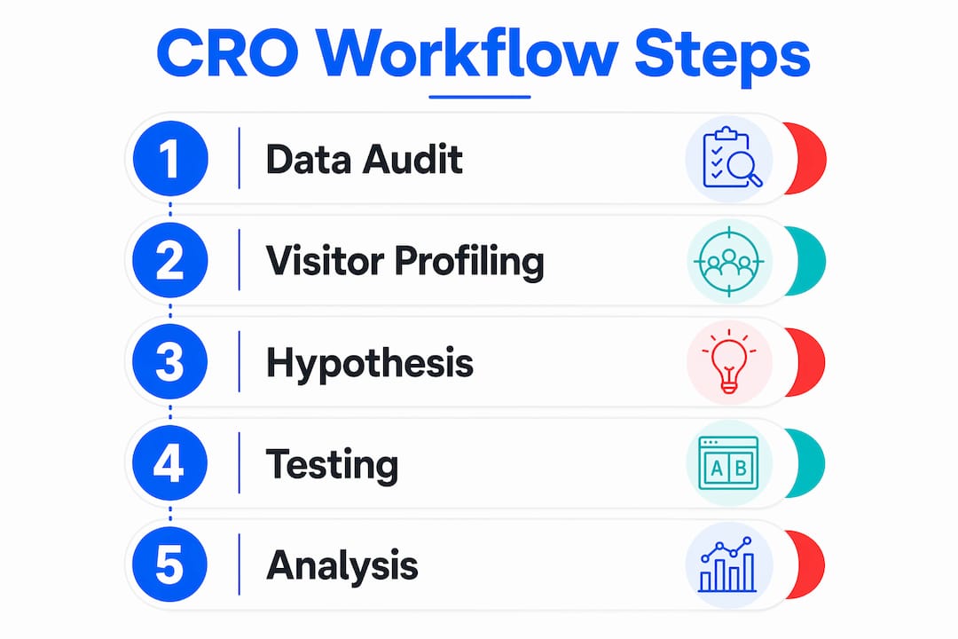 Infographic illustrating website CRO workflow steps