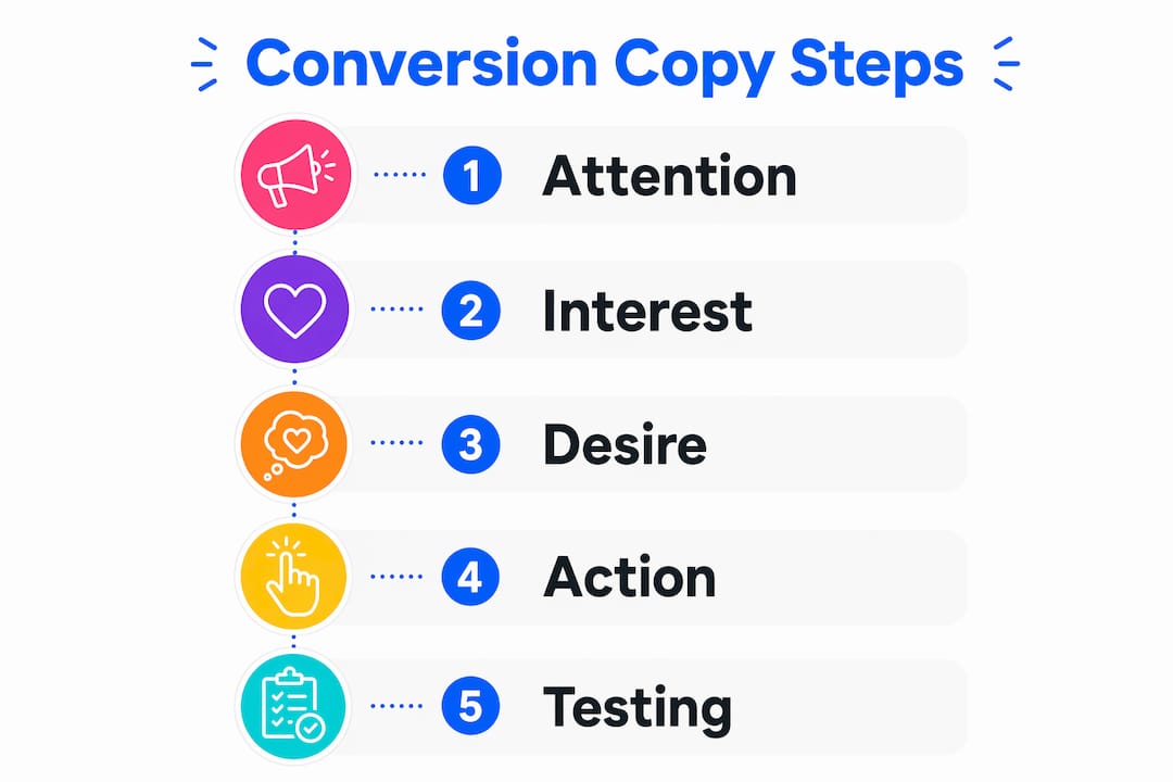 Infographic illustrating steps of conversion-focused website copywriting