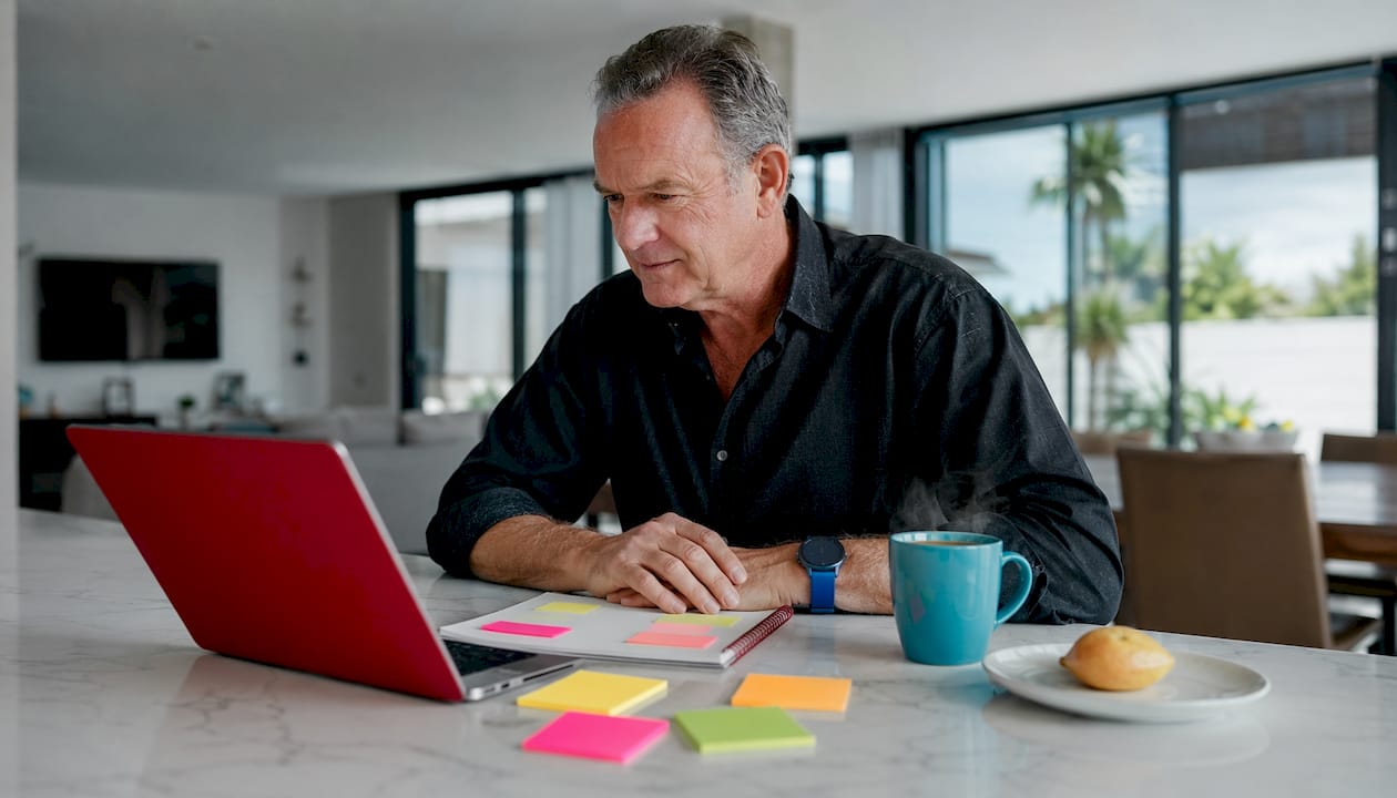 Business owner reviewing landing page at kitchen bench