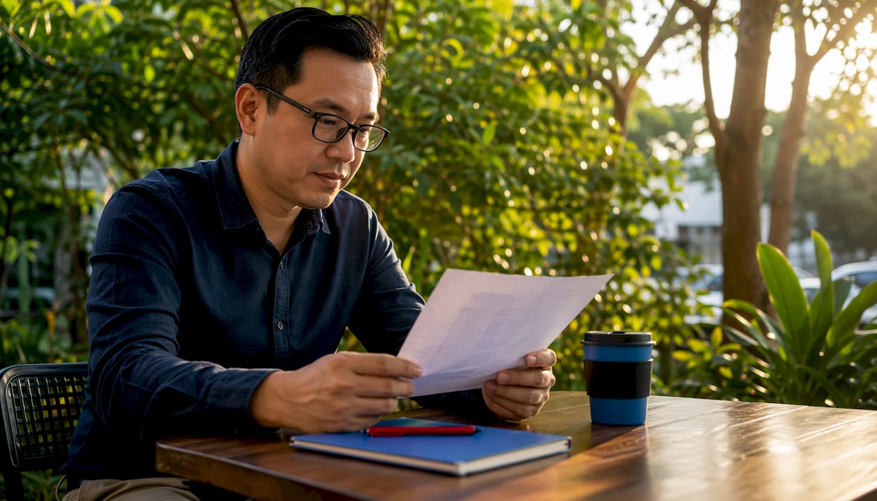 Man reviewing call to action on tablet in co-working space