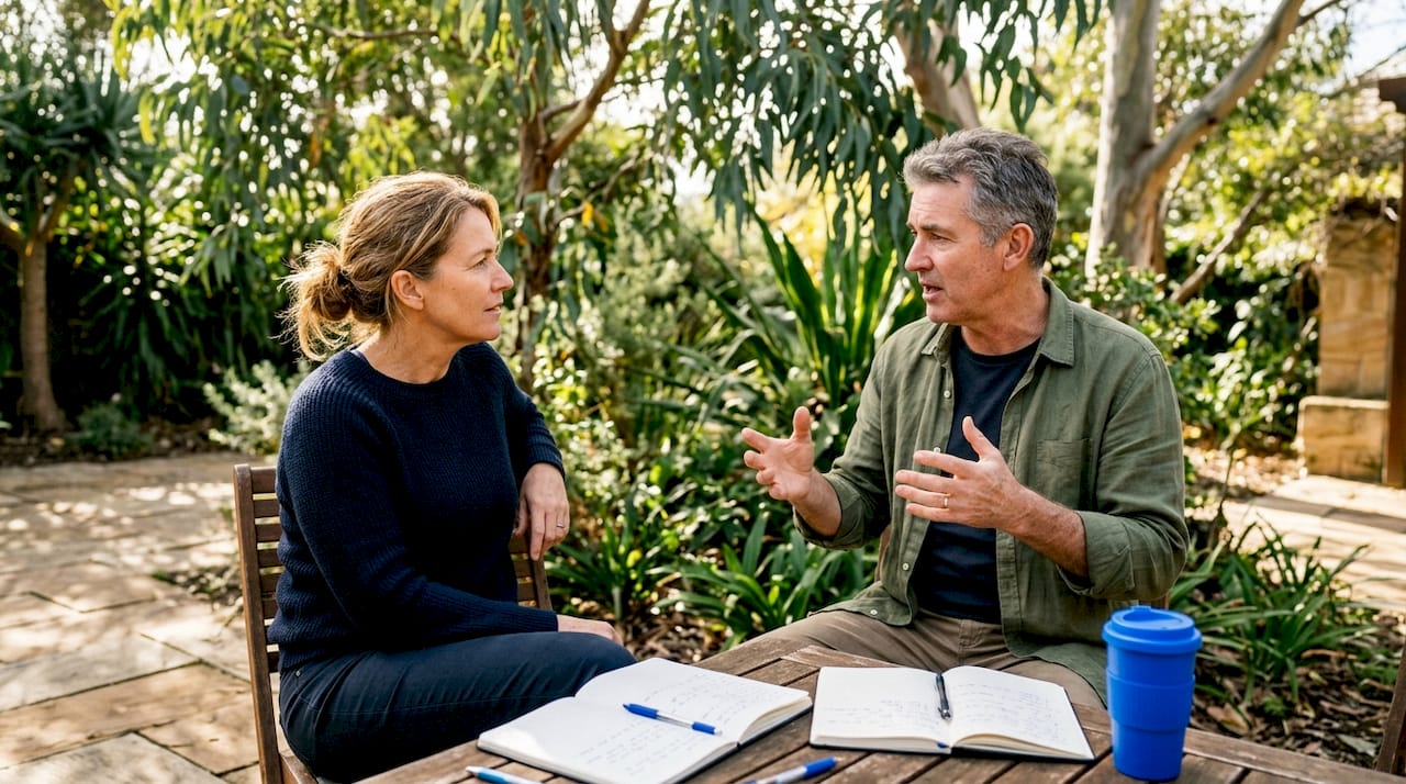 Midlife couple discussing business coaching casually