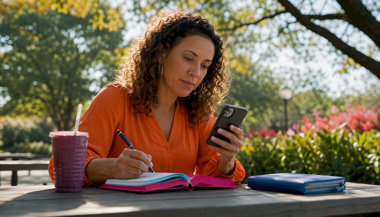 Woman testing mobile website in café setting