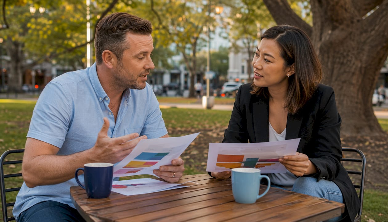 Two Australian business partners discussing marketing plans