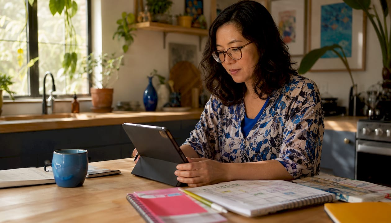 Woman reviewing mobile site on tablet in office